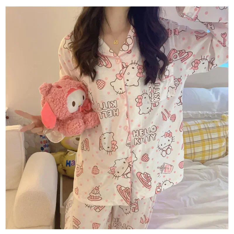 Cute Sanrio Hello Kitty Cinnamoroll Pajamas Set Kuromi for Woman Cotton Long Sleeve Sleepwear Suit Sexy Home Wear Clothes Girl