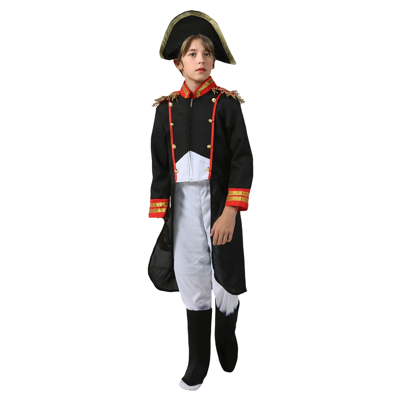Disfraz de Napoleón para niños, chaqueta con pantalones, sombrero, cubrebotas, disfraz de capitán pirata para Halloween y carnaval