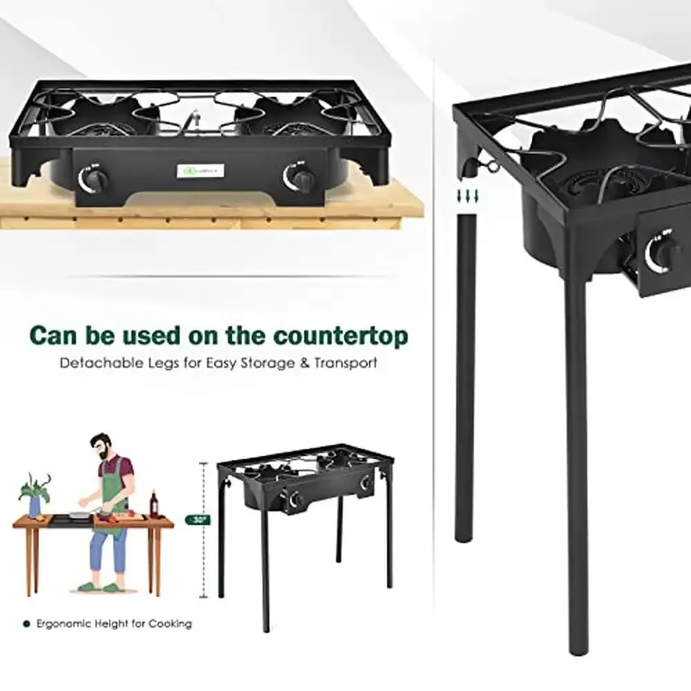 Portable Dual Burner Propane Gas Camp Stove with Detachable Legs & CSA Regulator Powerful 75,000 BTU Cooking Sturdy Cast Iron