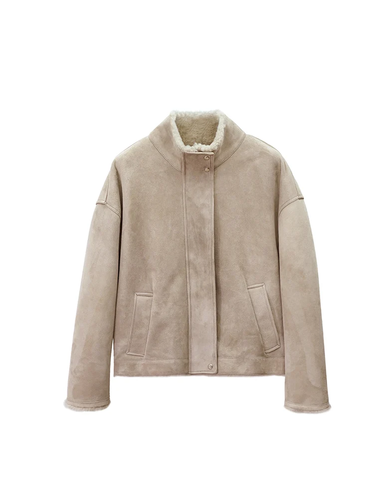 الراقية الفاخرة ميرينو الأغنام الفراء امبسوول سترة للنساء بسيطة الوقوف طوق قصيرة الشتاء جلد طبيعي معطف الفرو الحقيقي من جلد الغزال