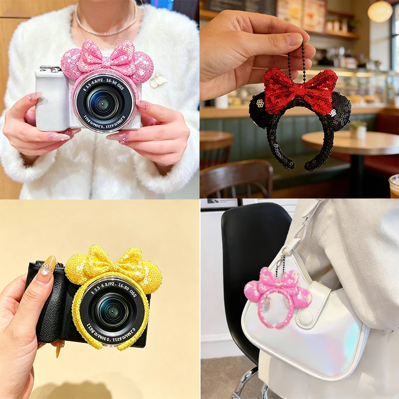 Diadema de Orejas de Minnie Mouse con Lazo de Lentejuelas para Mujer y Niña, Accesorios DIY para Fiesta y Cosplay, con Diseño de Dibujos Animados, Mini Diadema, Bolsa, Colgante de Cámara