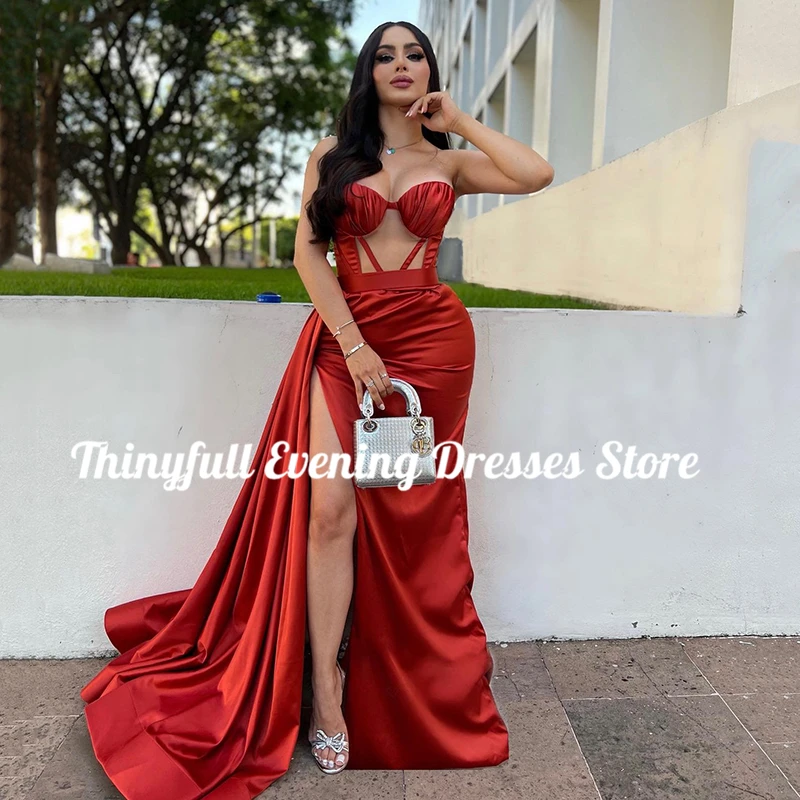 Thinyfull Red Mermaid Prom Avondjurken 2024 Sweetheart High Split Night Dress Saudi Arabia Cocktail Party Jurken Aangepast Formaat