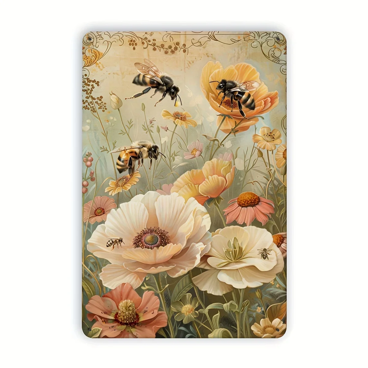 1 Stück Vintage-Blechschild mit Biene und Blumen, 20,32 x 30,48 cm, Wandkunst aus Eisen, dekoratives Hängebild für den Innen- und Außenbereich für Zuhause