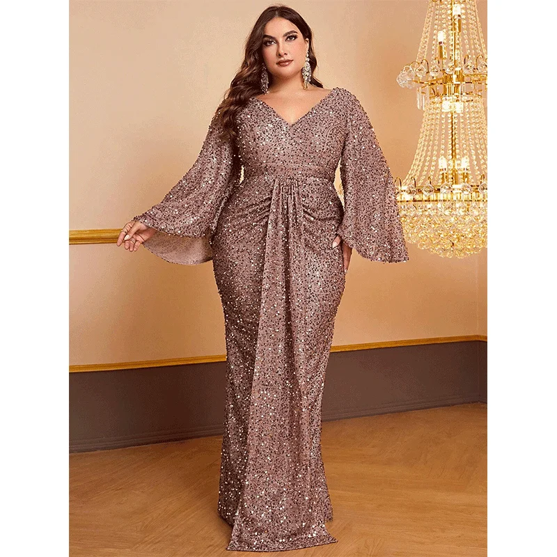 

Plus Size Women's Long Sequin Dress, Plus Size, V Neck, Apricot, Shiny, Loose, Autumn, Evening Dress, Long Sleeve, 5XL, 6XL