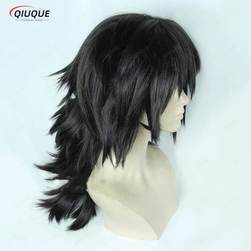 Peluca de Anime Tomioka Giyuu para Cosplay, larga naturaleza, negra con cola de caballo, resistente al calor, pelucas de fiesta de disfraces + gorro de peluca