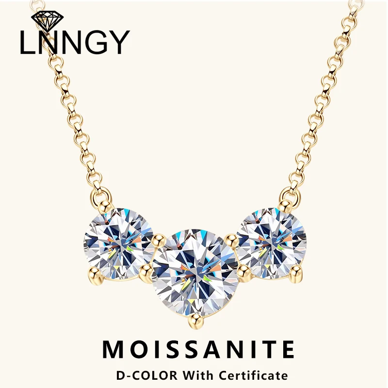 

Сертифицированное Lnngy ожерелье из муассанита круглой огранки с тремя камнями и сертификатом, ожерелье с подвеской из стерлингового серебра 925 пробы Argent