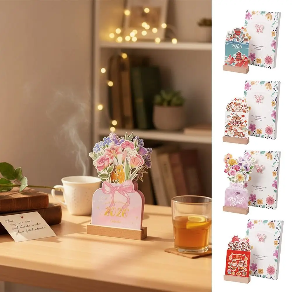

Wooden Base 2026 Desktop Calendar Vase Shaped Floral Theme Bloomy Flowers Desk Calendar DIY Detachable Base Standing Calendar