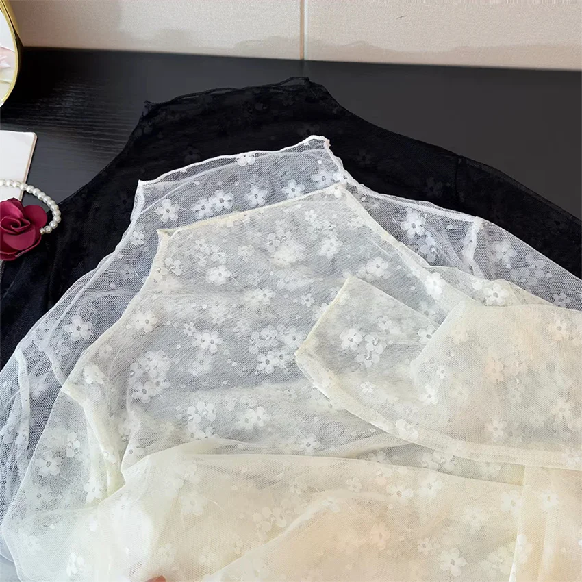 

Элегантная женская блузка большого размера с кружевом и высоким воротником, летняя, ажурная, с вырезами, WZ2554