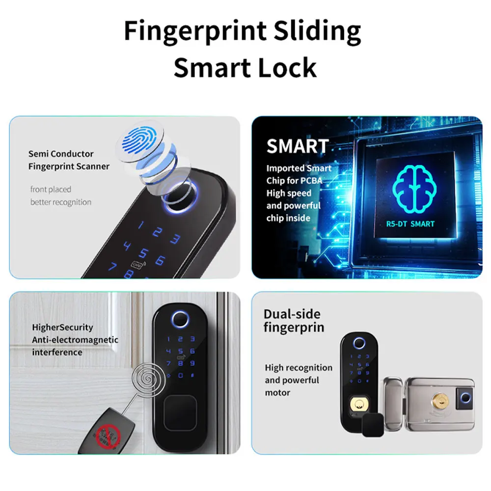 Tuya Fingerprint Door Lock Waterproof Outdoor Gate Smart Life Wifi Passcode IC Card Keyless Enter Electronic Lock with Metal Key