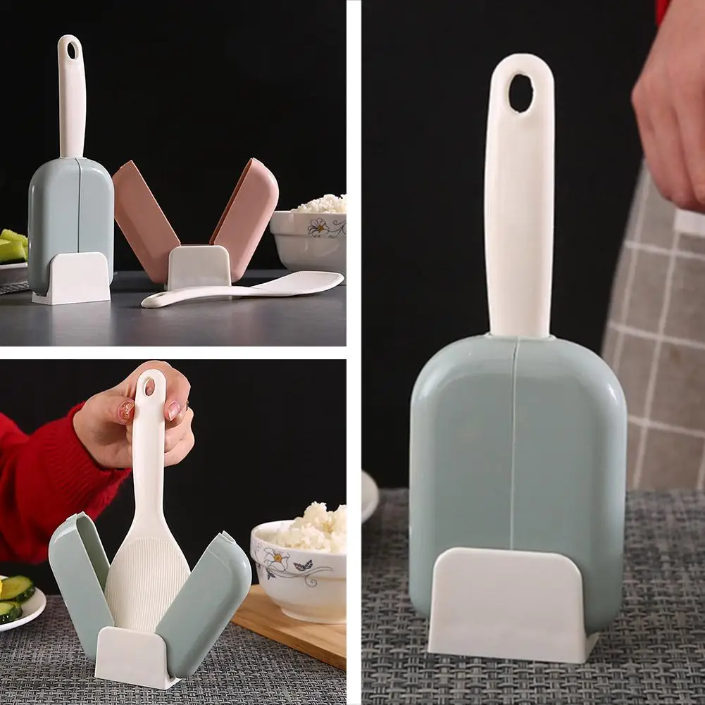 3pcs Random Color Creative Simple Practical Automatic Opening And Closing Standing Rice Spoon Plastic Non-Stick Surface Rice Spo