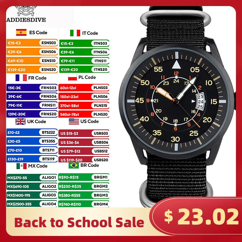 ADDIESDIVE New Men's Analog Watch 50m Waterproof Luminous Watch Fashion Sports Large Dial Men's Quartz Watch with Nylon Strap