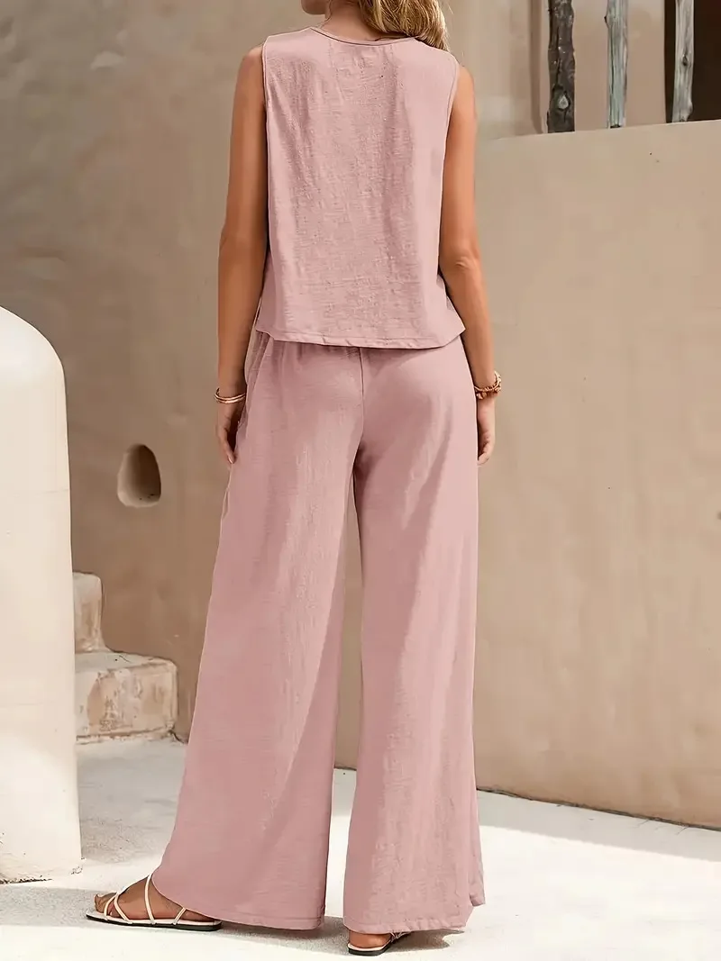 QX 2025 Premium Solid Set – Damen-Hose mit hoher elastischer Taille und weitem Bein und ärmellosem Oberteil, knitterfrei