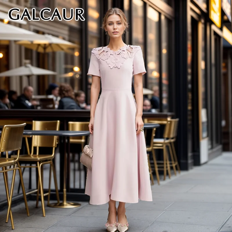 

GALCAUR Hollow Out Spliced Appliques Midi Dresses For Women Round Neck Short Sleeve High Waist Temperament Elegant Dress Female