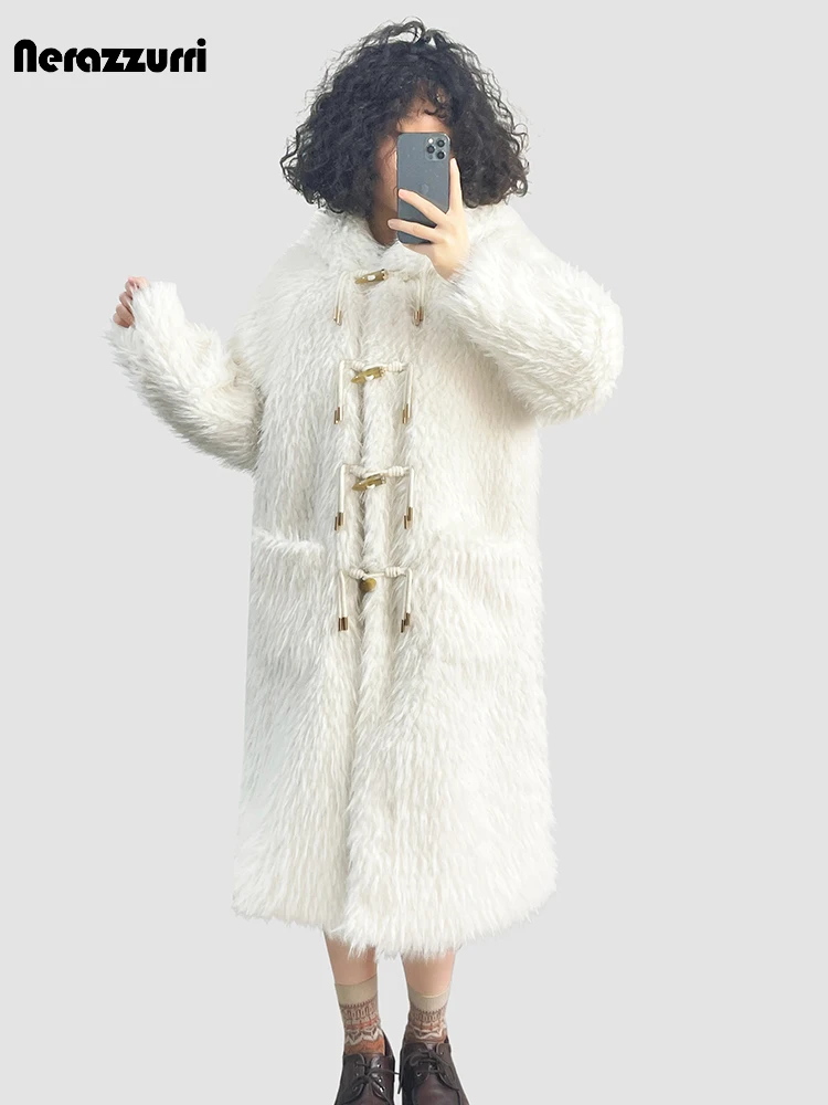 Nerazzurri Autumn Winter Long Shaggy Hairy Thick Warm Soft Faux Fur Coat Women with Horn Buttons Preppy Style Fluffy Jacket 2023