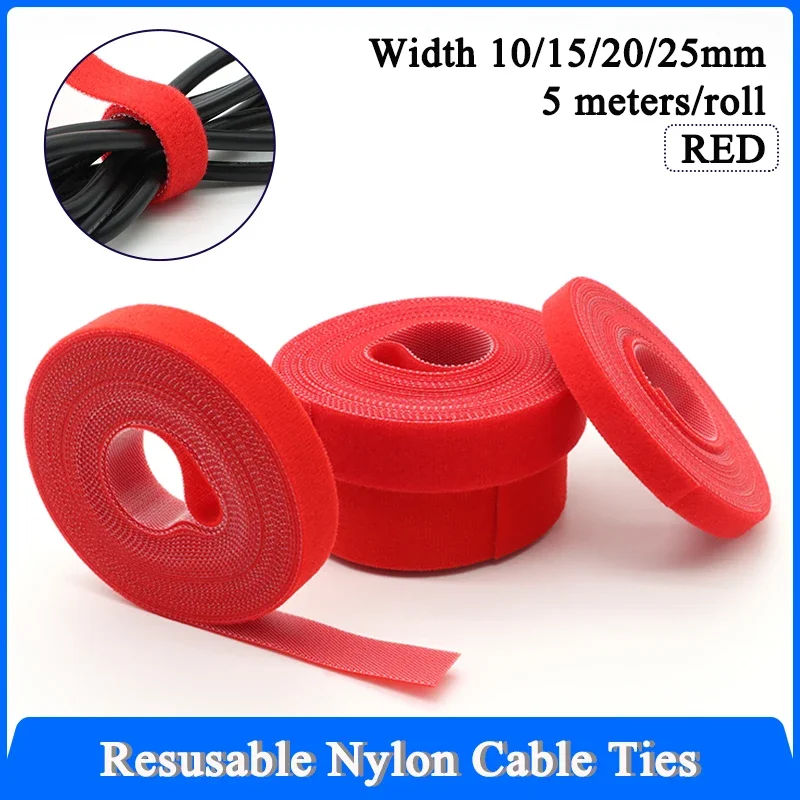 1~20R Red Cable Organizer USB Cable 10/15/20/25mm Winder Management Nylon Free Cut Ties 5M/Roll Mouse earphone Hook Loop Tape