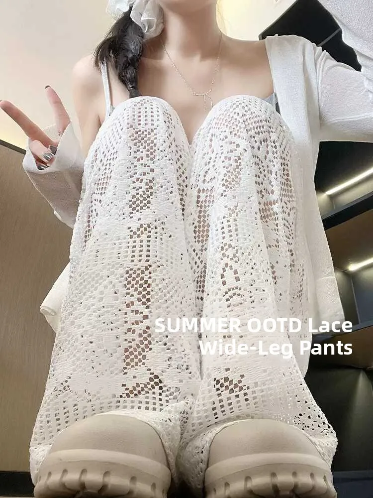 

White Lace Hollow Wide Leg Pants Women Summer Thin New Design Loose Casual Trousers Sweet Style High Waist Long Polyester Fiber