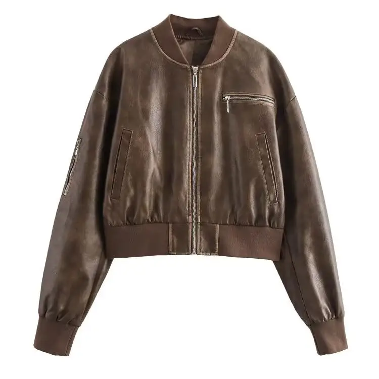 JNLEAOG Damen Faion Waed PU-Leder Jaet Herbst New Sle Tead Design Loose Fit Long Sve Reißverschluss Reine Farbe