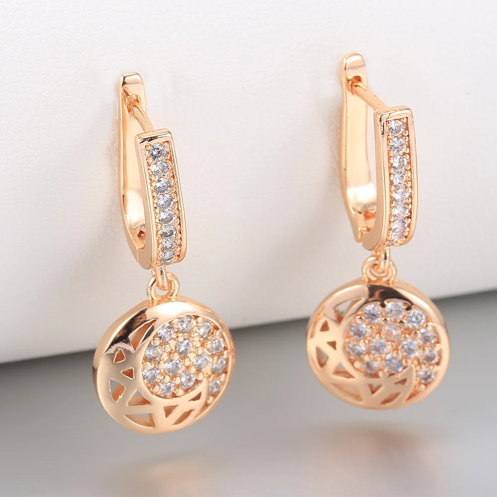 585 Rose Gold Color Earrings For Womens Girls Cut Out Round  Crystal Drop Dangle Earrings Elegant Jewelry Gifts GE365