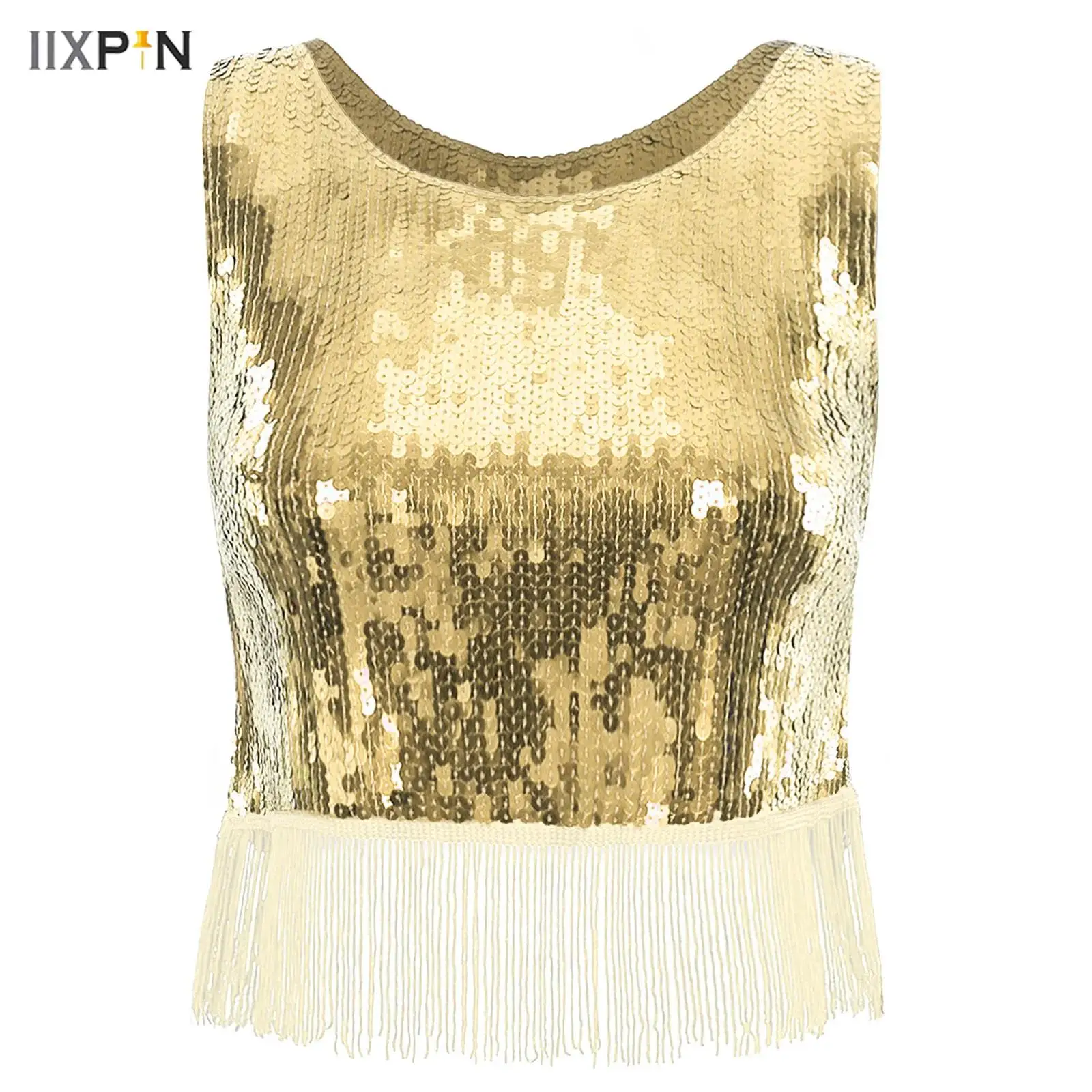 

Womens Sequins Tassels Crop Top Sleeveless Fringed Sling Vest for Cheerleading Belly Dance Rave Party Clubwear Stage Performance