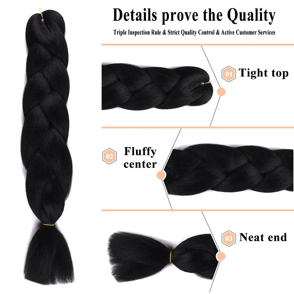 Ekstensi Rambut Kepang Jumbo 24 Inch Hitam, 3 Paket Rambut Kepang Crochet Twist Sintetis
