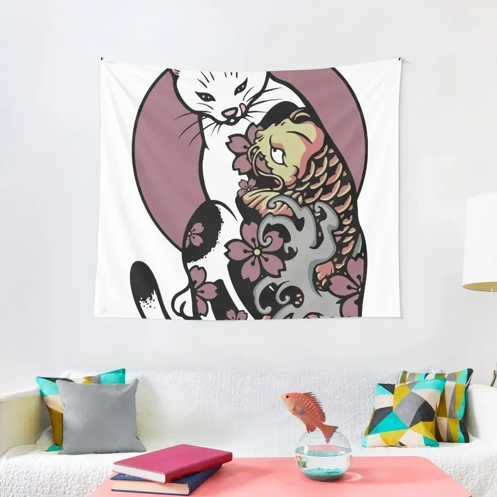 Monmon cat - Cat with japanese tattoo -Ko? Fish Tapestry Hanging Wall Aesthetic Room Decor Cute Decor Tapestry