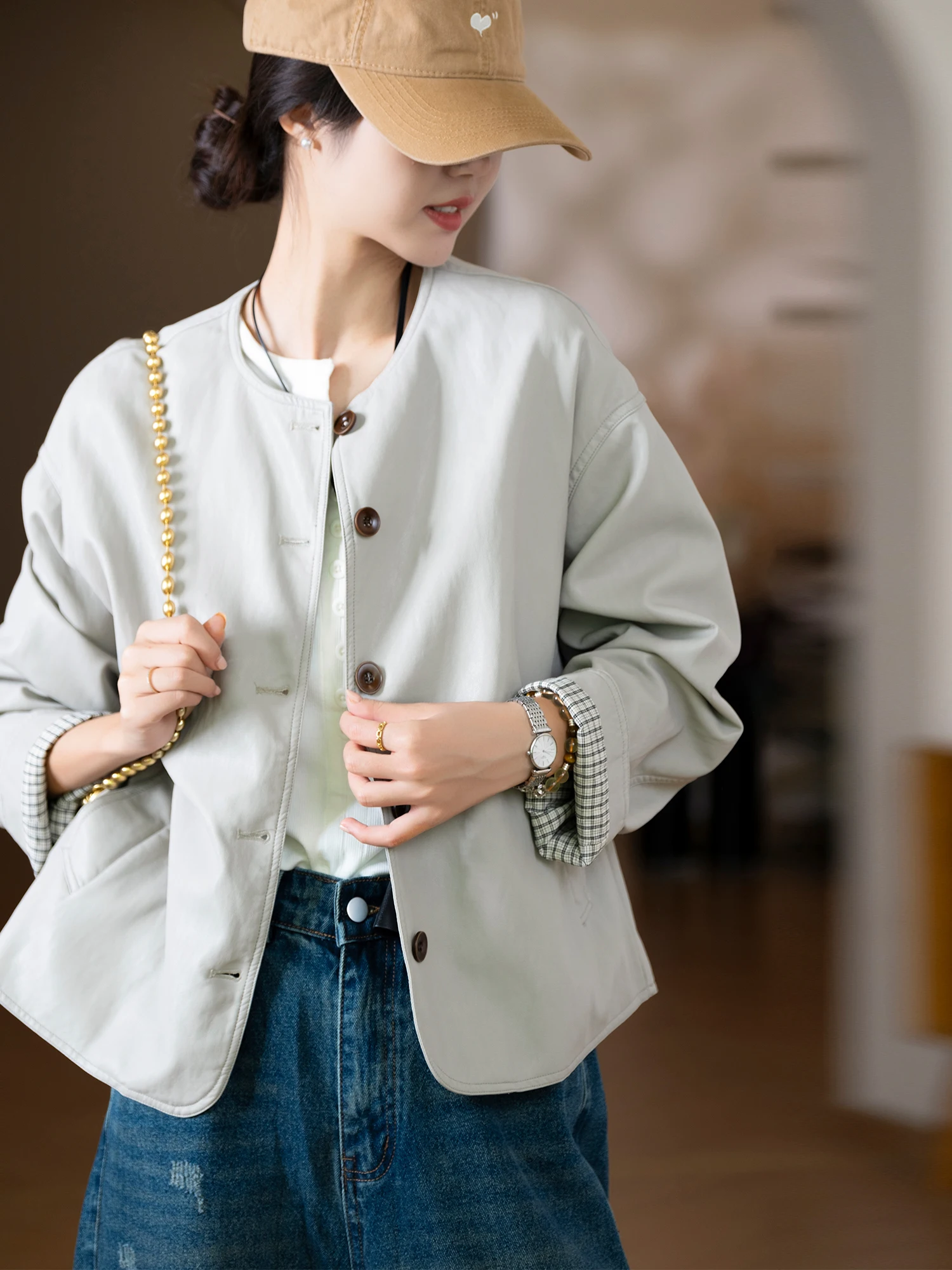 Afslankend effect Proteïneleerjas Dames losse pasvorm ronde ne Faion bovenkleding Casual jas met lange mouwen