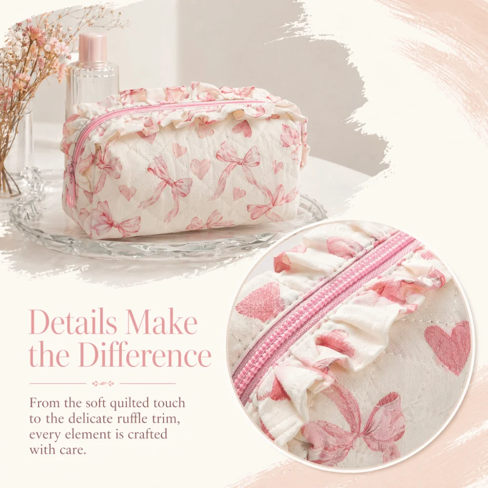 Sweet Bow Floral Print Makeup Bag Bow Floral Print Large Capacity Ruffled Edge Pen Bag Quilted Zipper Closure Wash Storage Bag