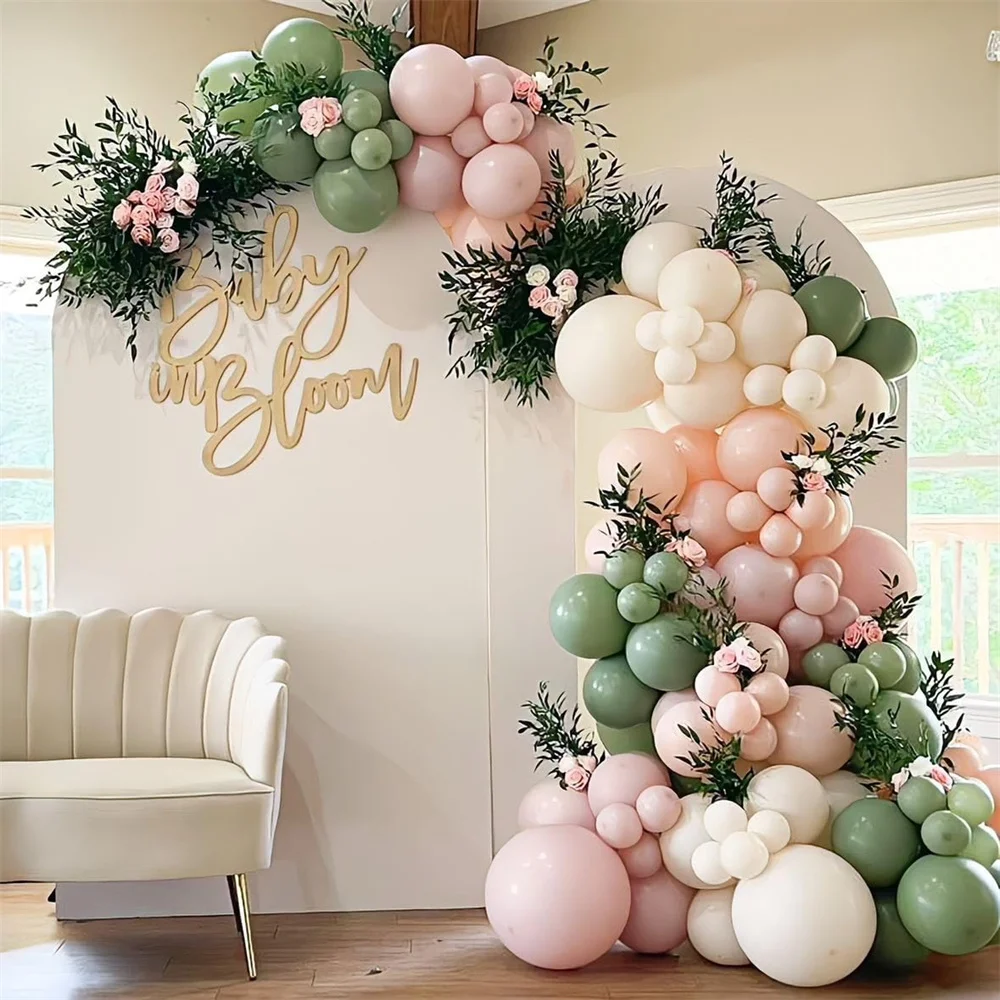 105pcs Baby in Bloom Balloon Garland Arch Kit Sage Green Pink Balloon Garland for Boho Baby Shower Birthday Party Decorations