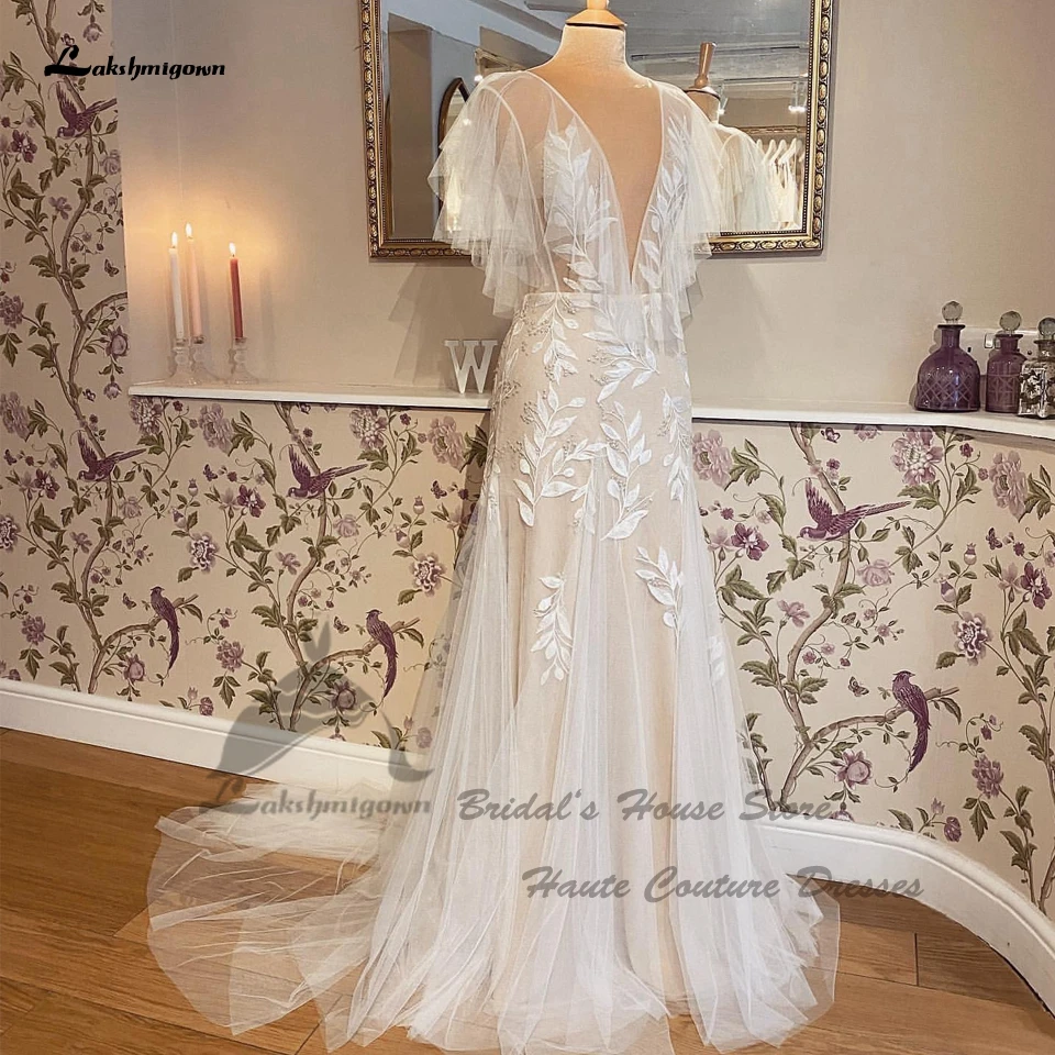 Robe de Mariée Petite Sirène en Tulle pour Femme, Vêtement Style Boho, Éducatif, Champagne, Plage, Col en V Profond, Yanshmigown, 2023