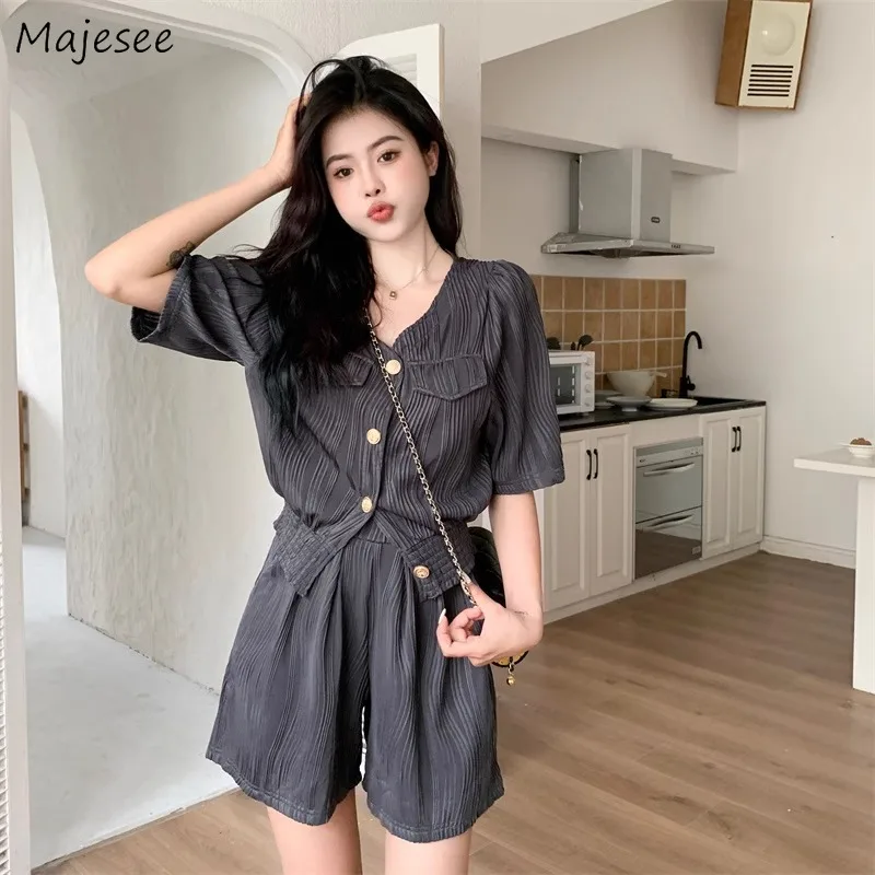 Women Sets Short-sleeved Shirt Elastic Waist Shorts 2pcs Daily Casual Fake Pockets Design Popular Classic Summer Trendy Ulzzang