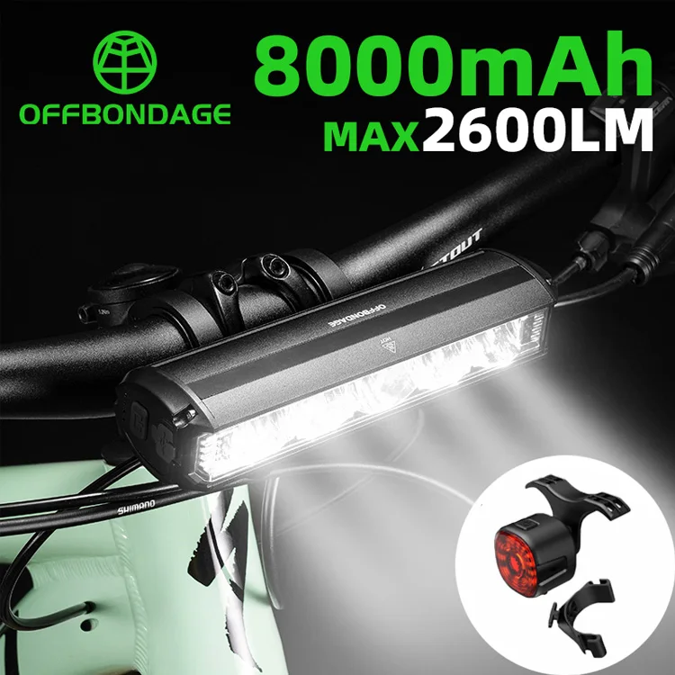 

OFFBONDAGE Bicycle Front Light 2000 mAh Rainproof Flashlight Headlight USB Charging MTB Road Rear Bike Light Bicycle Accessories