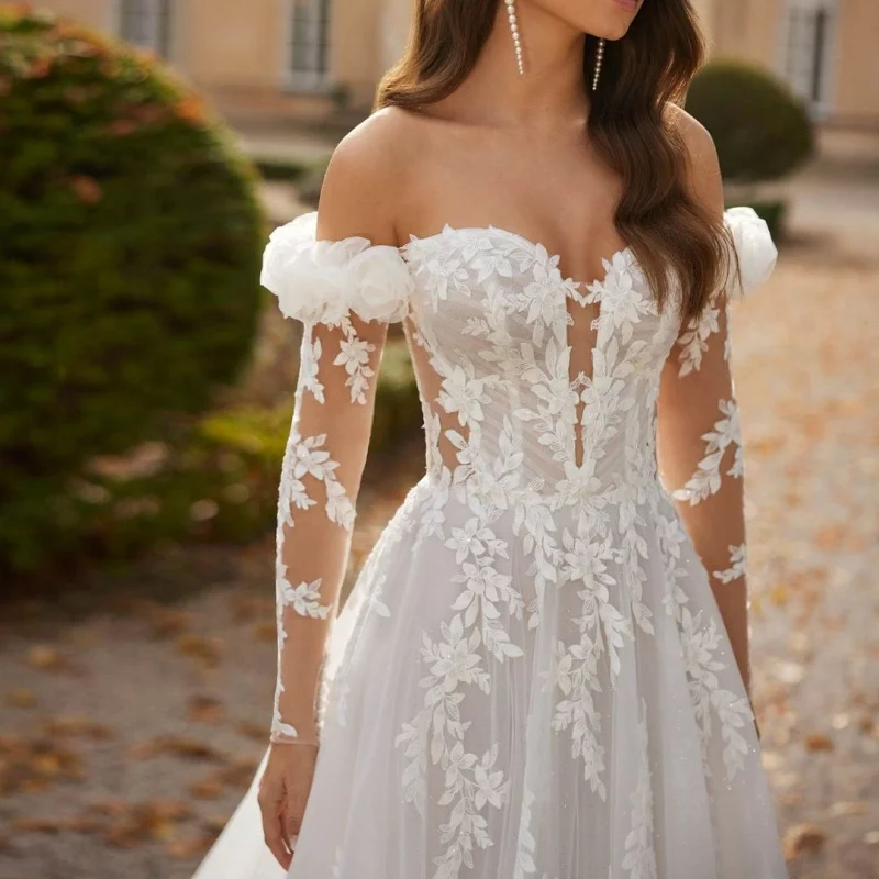 

White Appliques Wedding Dresses long sleeves A skirt glitter Lace flower decal V-neck Gowns Made wedding dress