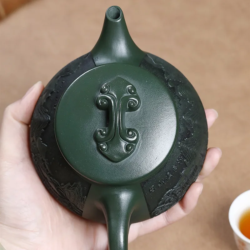 التقليد ييشينغ الأرجواني الطين إبريق الشاي الصينية اليدوية المشهد براد شاي الخام الخام الأخضر الطين غلاية المنزلية Zisha Teaware 340 مللي