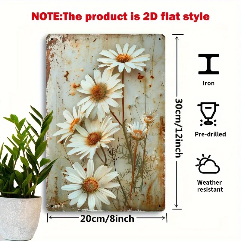 2D Flat, 2D Plane - [2D Plane] Vintage White Daisy Metal Sign - 8x12 Inch Iron Wall Art with Classic Daisy Design and Distressed