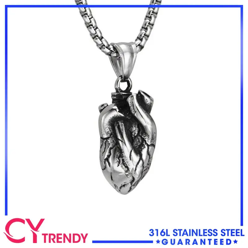 316L Solid Stainless Steel Men's Anatomical Real Human Heart Pendant Necklace Chain Accessories