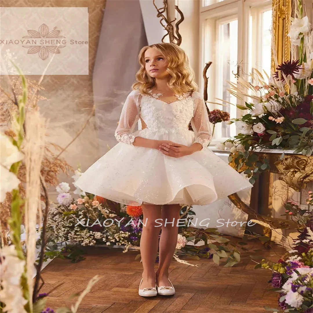 

、White Glitter Sequins Tulle Puffy Applique 3/4 Sleeve Flower Girl Dress For Wedding Kid Birthday Party First Communion Ball Gow