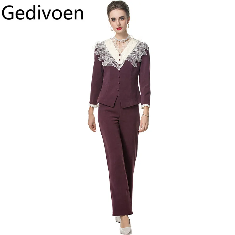 

Gedivoen Vintage Long Sleeve Button Appliques Tops+Solid Straight Pants Two-piece set Elegant Office and Business Suit
