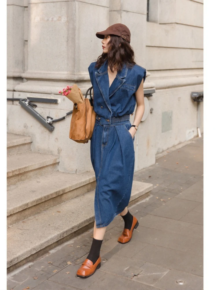 

Two Piece Sets Womens Outifits Vintage Sleeveless Denim Set Luxury High-end Lapel Short Vest Tops Skirts Slim Office Lady Suits