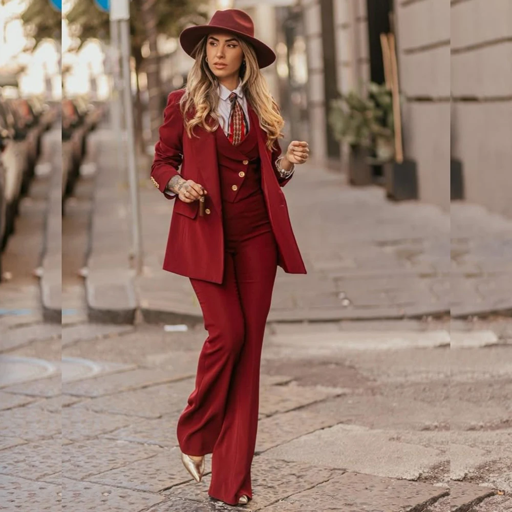 Customized Color Red 3 Pieces Suit Sets for Women Peak Lapel Jacket Vest Pants Sets Slim Fit Office Daily Smoking Lady Clothing