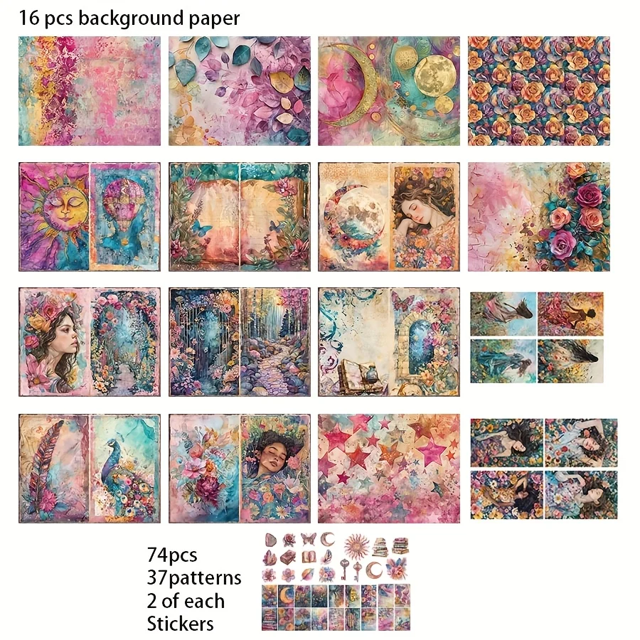 90-teiliges Hintergrundpapier- und Aufkleber-Set, buntes Blumen- und Sternmuster, DIY-Bastelarbeiten, Junk-Tagebuch, Scrapbooking, Grußkarten – Detail 2