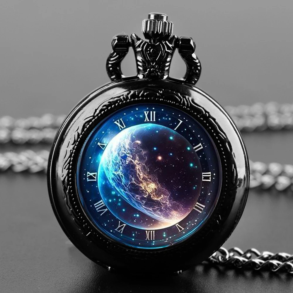 Kreative Sternenhimmel und Mond Quarz-Taschenuhr für Damen und Herren, schwarze Halskette, einzigartige Anhängeruhr, Kettenuhr, Geschenkzubehör