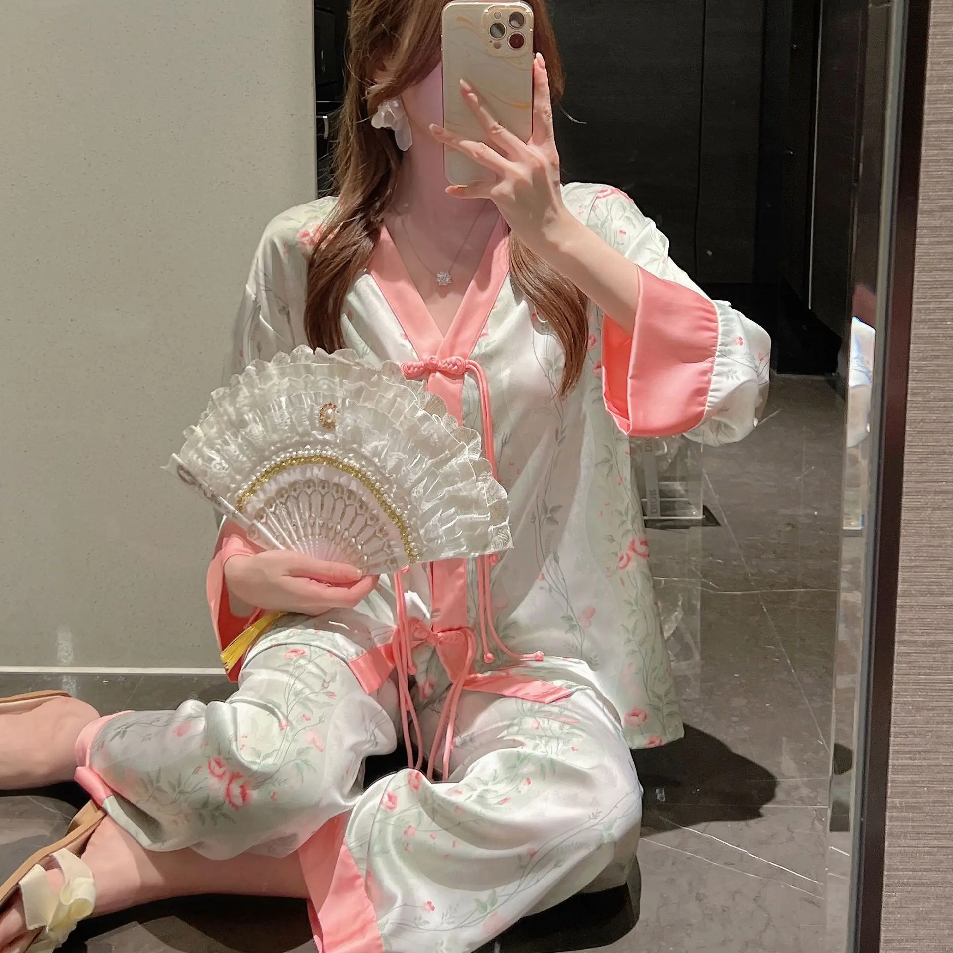 Ice Silk Pajamas Set Lady Top&pants Women Print Long Sleeve Lingerie Spring V-Neck Nightwear Home Clothes New Chinese style