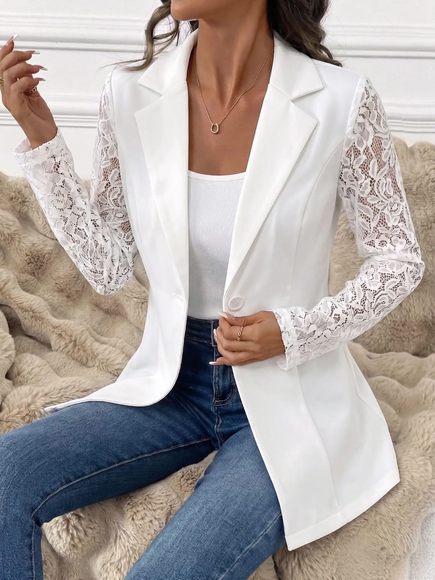 Patchwork Long Sleeve Coat with Mid Length Slim Fit Commuter Chic Women Suit Autumn Regular Sleeve V Neck Single Button Closure