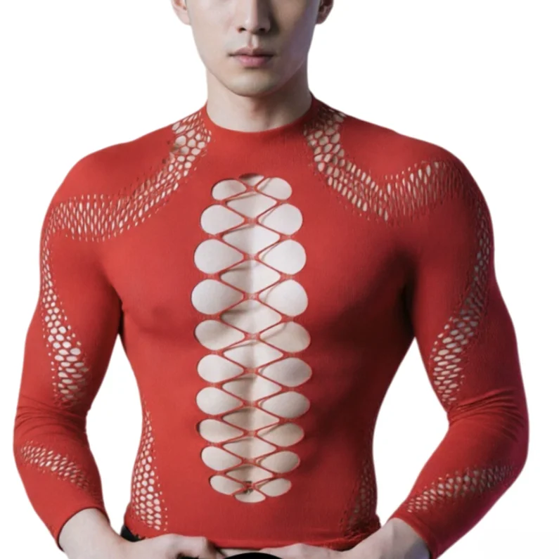 

Muscle Men's Long Sleeved Mesh Tops Male Sexy Underwear Gentleman Exotic Bodysuits Black Hot Pink Red Ropa Interior Hombre