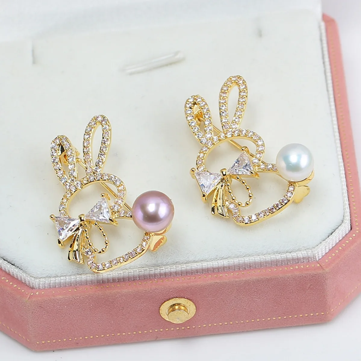 DIY Brooch Blank Brass Gold Plated Rabbit, Zircon Pin Base, Cute Trendy Pearl Brooch Corsage Accessory