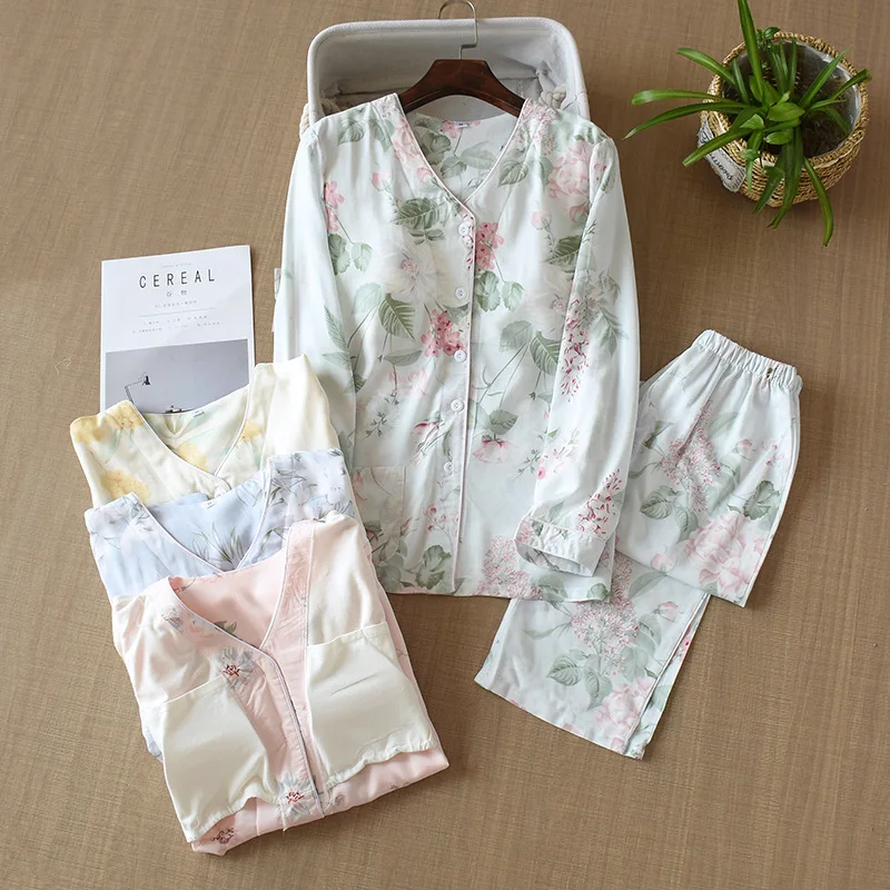 

Spring Chest Pad Pajamas For Women Cotton Warm Sleepwear For Winter Set Long Sleeve Top Trousers Sets Two-piece Pijama Feminino