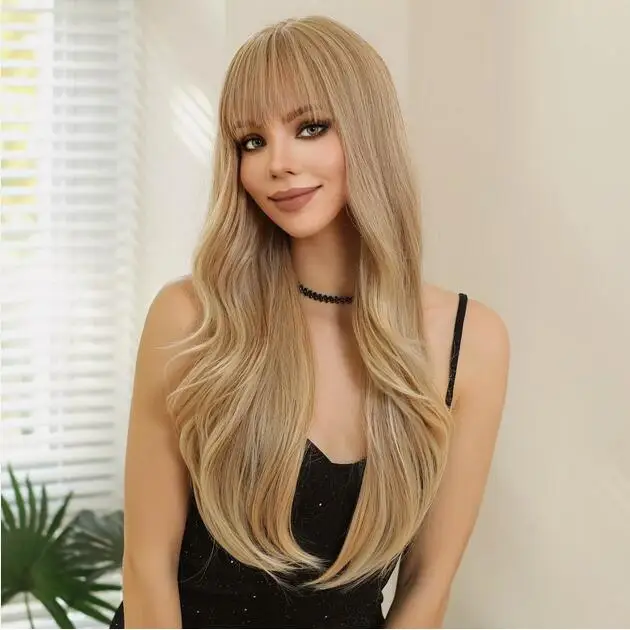 Long Blonde Layered Wavy for Women Synthetic Wig with Bangs