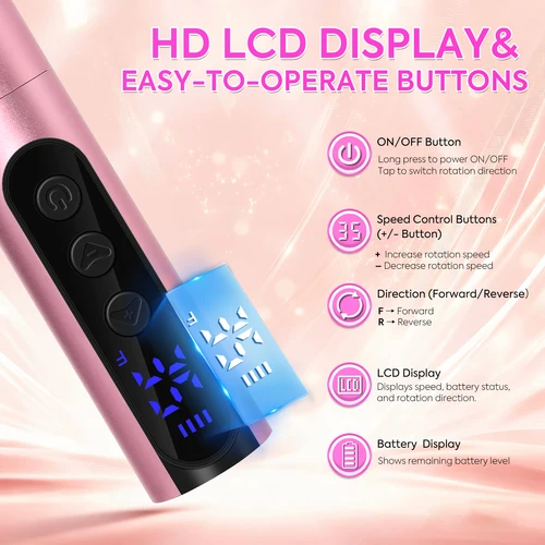 Imagen 2 del producto Taladro de uñas portátil recargable de 35000RPM con pantalla LCD, lijadora de uñas para esmalte de Gel acrílico, herramienta profesional para uñas