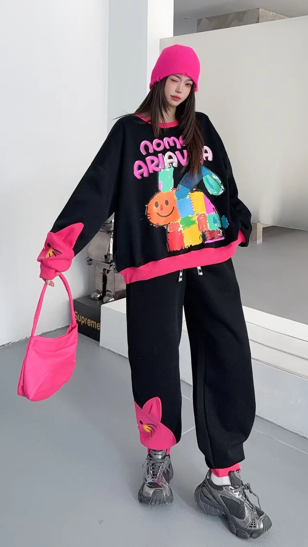 2026 Spring Multicolor Rabbit Letter Print Oversized Pant Sets 2 Piece Woman Japanese Korean Fashion Casual Pullove Sweatshirts