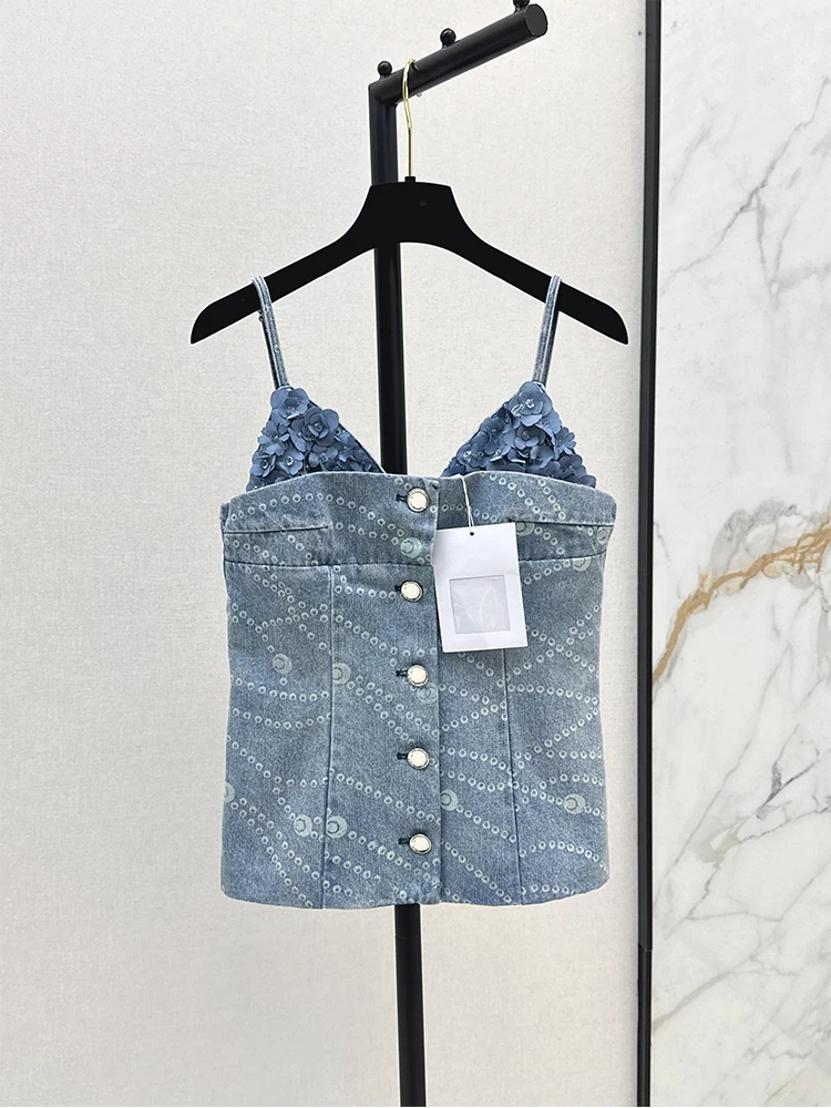 

2025 Summer New Women's 3D Flower Laser Chain Print Denim Strap Crop Top – Stylish & Versatile